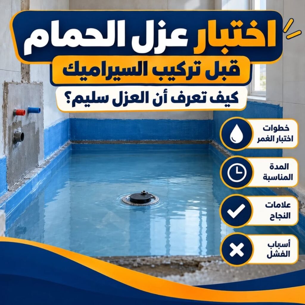 اختبار عزل الحمام بالماء قبل تركيب السيراميك، مع توضيح خطوات اختبار الغمر ومدة الفحص وعلامات نجاح العزل وأسباب فشله.