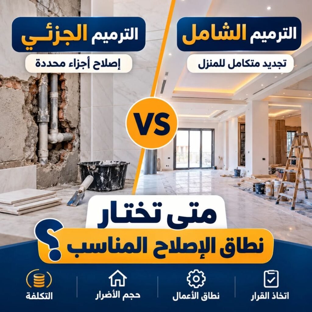 الترميم الجزئي والشامل للمنازل، مقارنة مصورة بين إصلاح الأجزاء المتضررة وتجديد المنزل بالكامل، لتوضيح الفرق في نطاق الأعمال والتكلفة.