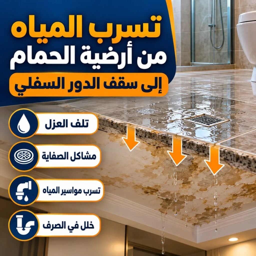 تسرب المياه من أرضية الحمام إلى سقف الدور السفلي بسبب تلف العزل أو مشاكل الصفاية ومواسير المياه والصرف.