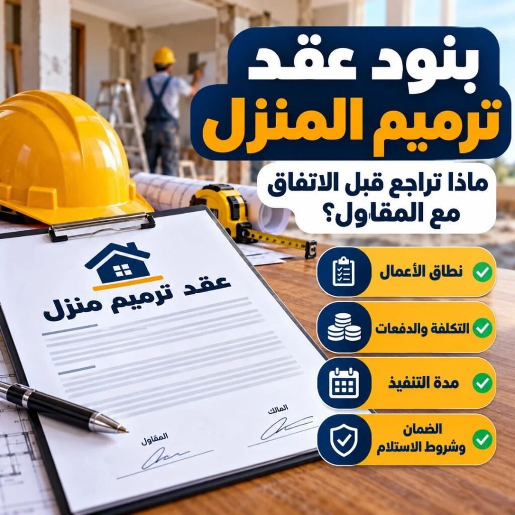 عقد ترميم منزل يوضح أهم بنود التعاقد مع المقاول، وتشمل نطاق أعمال الترميم والتكلفة وجدول الدفعات ومدة التنفيذ والضمان وشروط الاستلام.