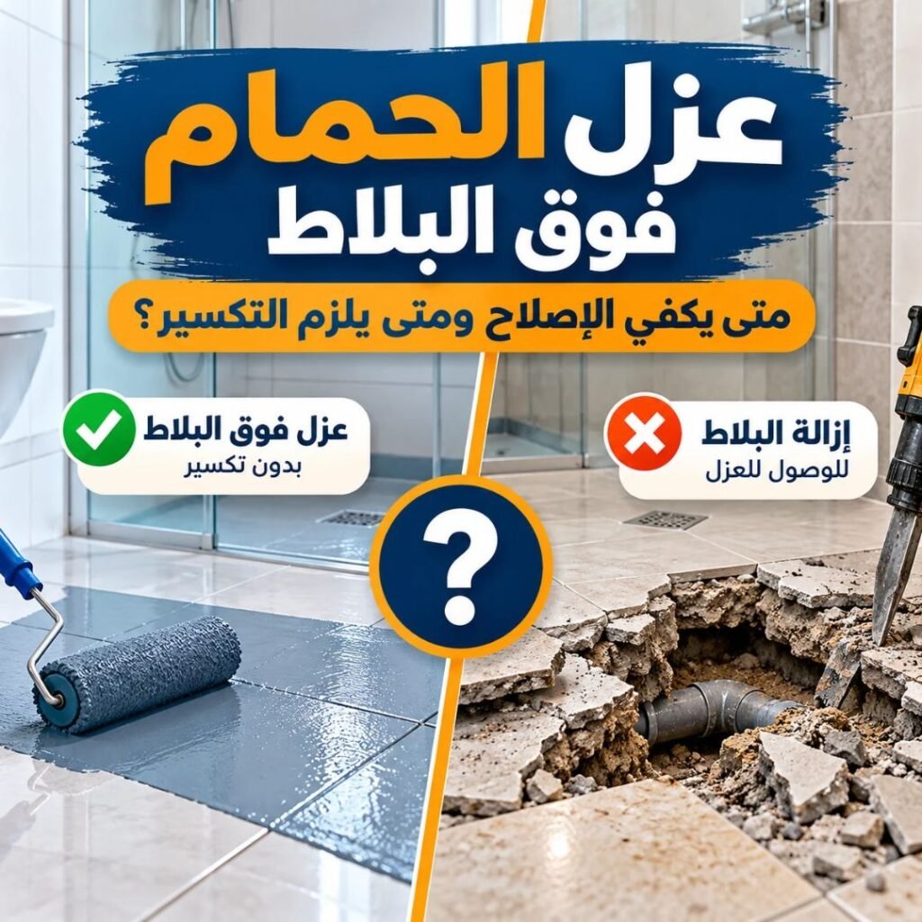 عزل الحمام فوق البلاط دون تكسير مقارنة بإزالة السيراميك للوصول إلى العزل المتضرر وإصلاح تسرب المياه أسفل الأرضية.